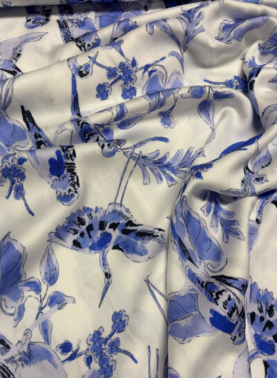 Delft blue birds - satin viscose