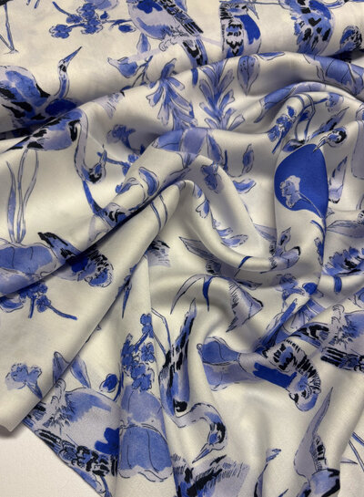 Delft blue birds - satin viscose