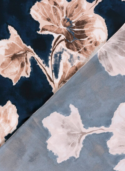 pink flowers on a navy background - satin duchesse