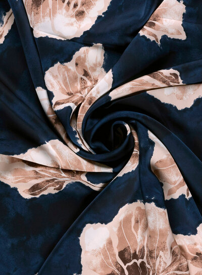 pink flowers on a navy background - satin duchesse