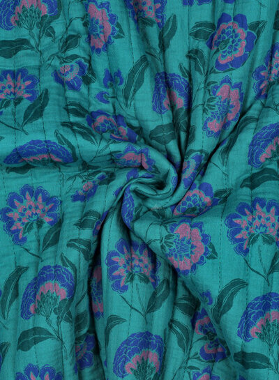 Poppy fabrics petrol flowers - quilted tetra