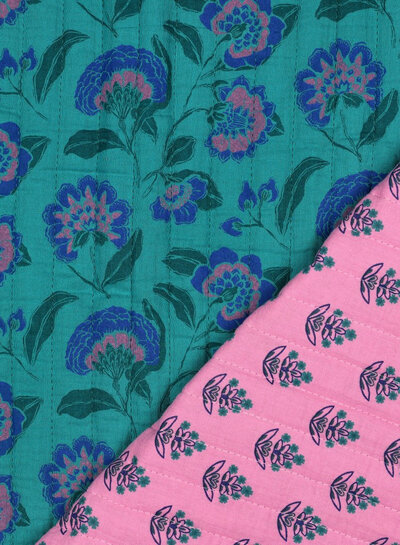 Poppy fabrics petrol bloemen - gewatteerde tetra