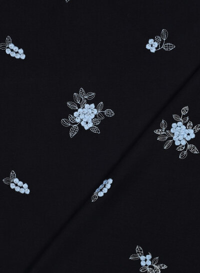 blue embroidered flowers - cotton voile