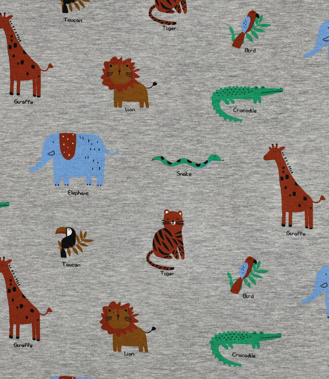 Poppy fabrics safari animals grijs melange tricot