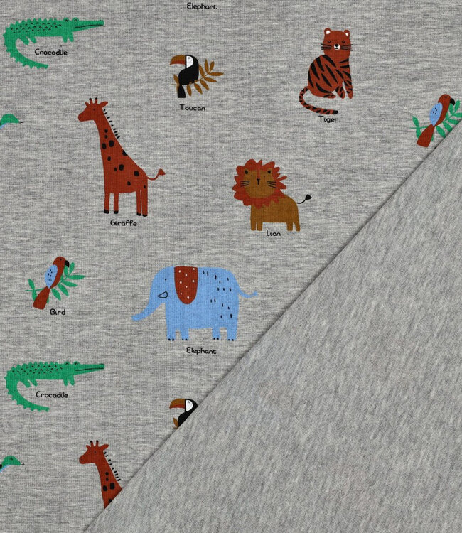 Poppy fabrics safari animals grijs melange tricot