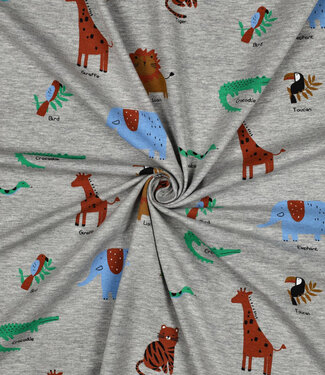Poppy fabrics safari animals gray melange jersey