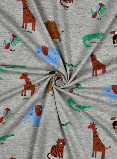 Poppy fabrics safari animals gray melange jersey