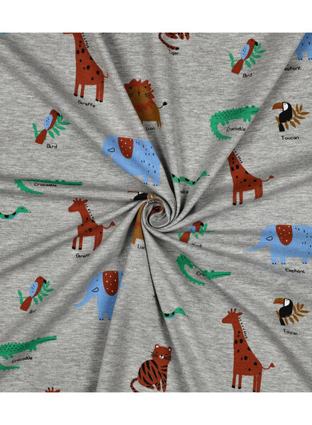 Poppy fabrics safari animals gray melange jersey