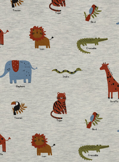 Poppy fabrics safari animals light gray melange jersey