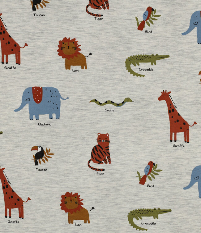 Poppy fabrics safari animals licht grijs  melange tricot