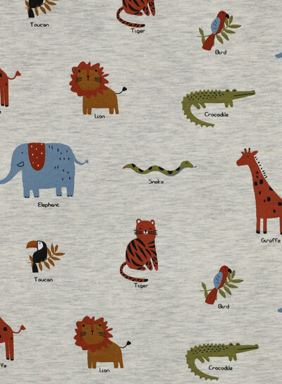 Poppy fabrics safari animals light gray melange jersey