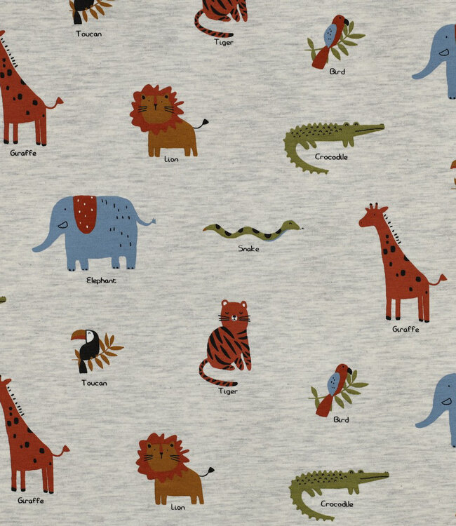 Poppy fabrics safari animals licht grijs  melange tricot