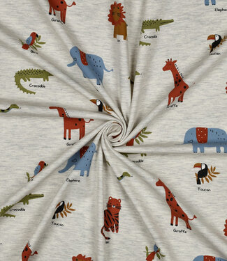Poppy fabrics safari animals light gray melange jersey