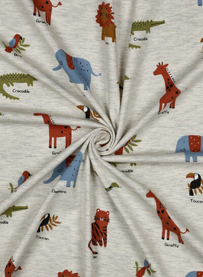 Poppy fabrics safari animals light gray melange jersey