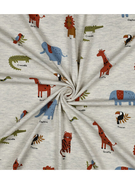Poppy fabrics safari animals light gray melange jersey
