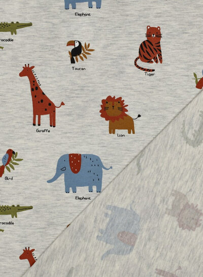 Poppy fabrics safari animals licht grijs  melange tricot