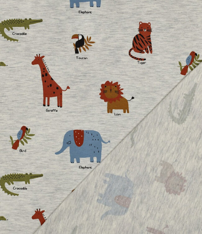 Poppy fabrics safari animals licht grijs  melange tricot