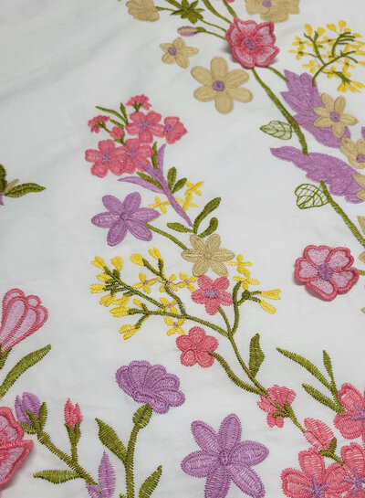 Madeline embroidery floral border with 3D flower pink on white poplin