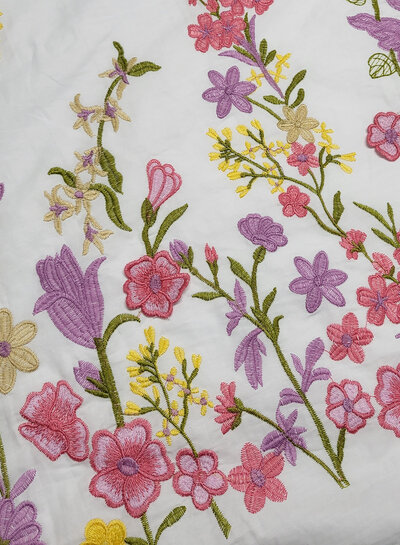 Madeline embroidery floral border with 3D flower pink on white poplin
