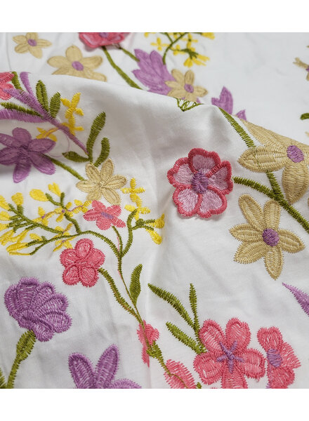 Madeline embroidery floral border with 3D flower pink on white poplin
