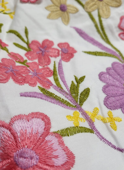 Madeline embroidery floral border with 3D flower pink on white poplin
