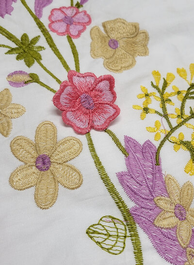 Madeline embroidery floral border with 3D flower pink on white poplin