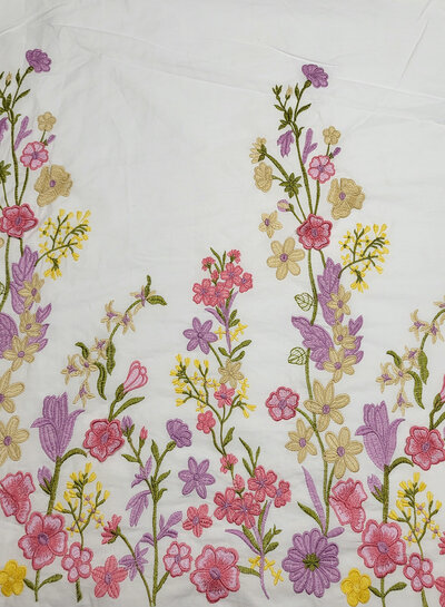 Madeline embroidery floral border with 3D flower pink on white poplin