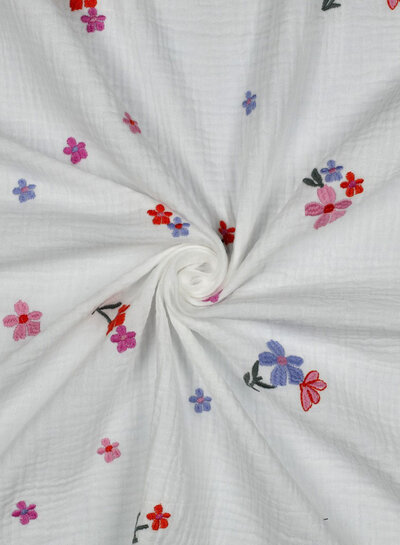 purple orange embroidery flowers - tetra / double gauze