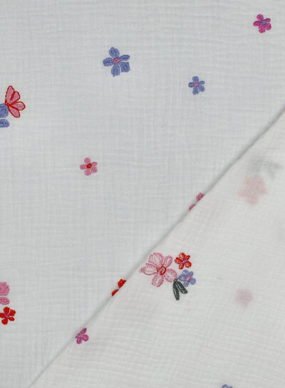 purple orange embroidery flowers - tetra / double gauze