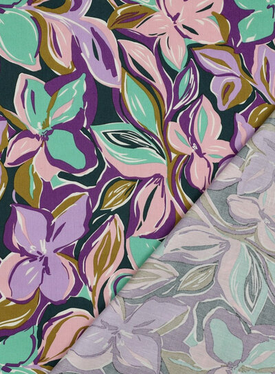 Poppy fabrics mint and pink flowers - cotton viscose