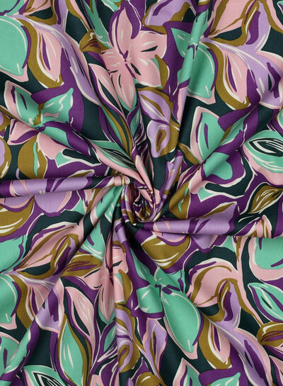 Poppy fabrics mint and pink flowers - cotton viscose