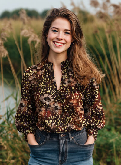 Poppy fabrics brown artistic print - viscose satin