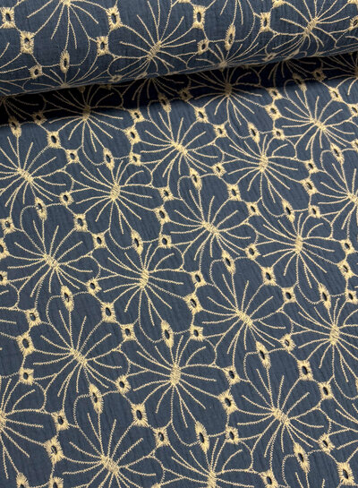 denim blue embroidery flowers - tetra / double gauze