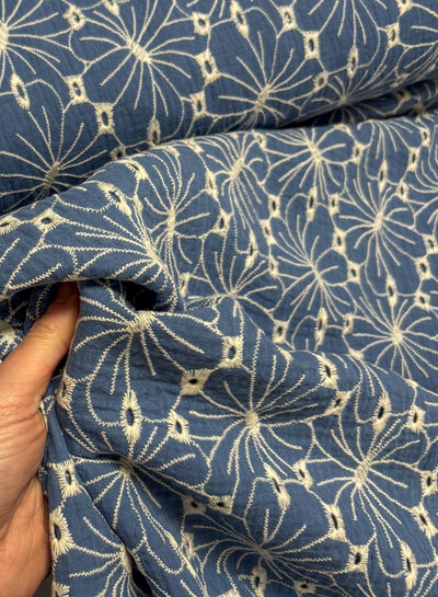 denim blue embroidery flowers - tetra / double gauze