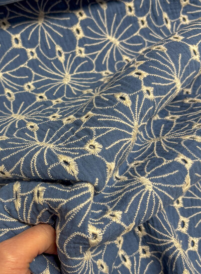 denim blue embroidery flowers - tetra / double gauze