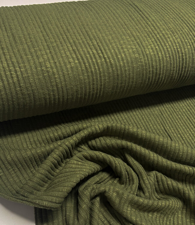 khaki groen - katoen gebreid met ribbel - prachtige vormvaste stof