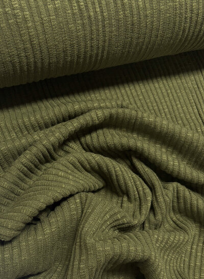 khaki green - cotton knitted with ribbing - beautiful shape-retaining fabric