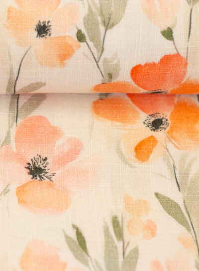 oranje bloemen - katoen double gauze