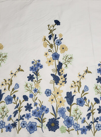 Madeline embroidery floral border with 3D flower blue on white poplin