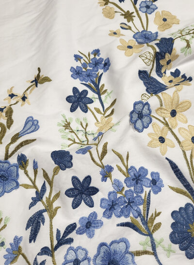 Madeline embroidery floral border with 3D flower blue on white poplin