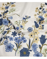 Madeline embroidery floral border with 3D flower blue on white poplin