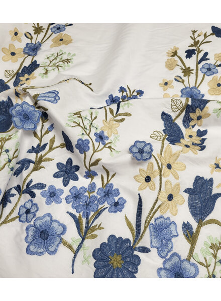 Madeline embroidery floral border with 3D flower blue on white poplin