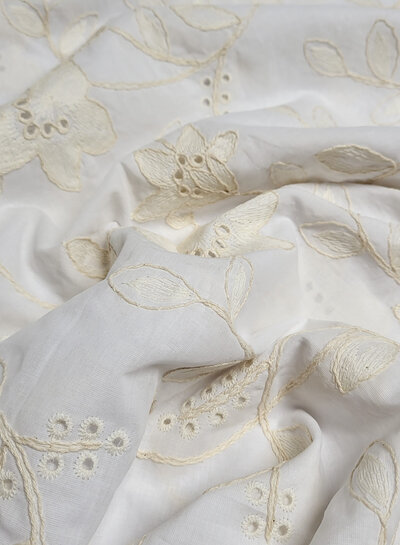 Madeline beige embroidery flowers on white cotton
