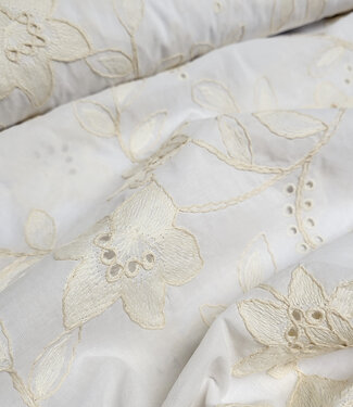 Madeline beige embroidery flowers on white cotton