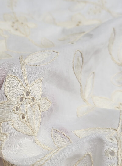 Madeline beige embroidery flowers on white cotton