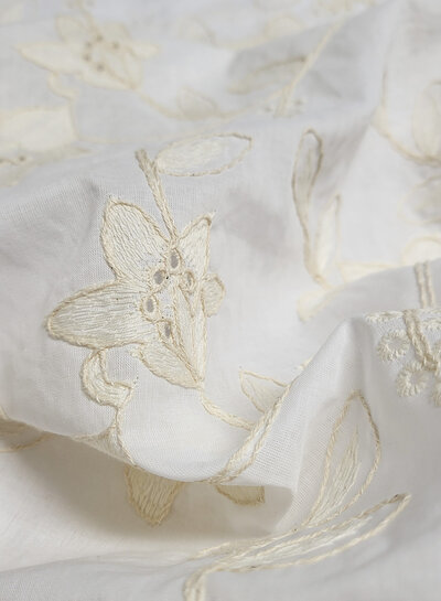 Madeline beige embroidery flowers on white cotton