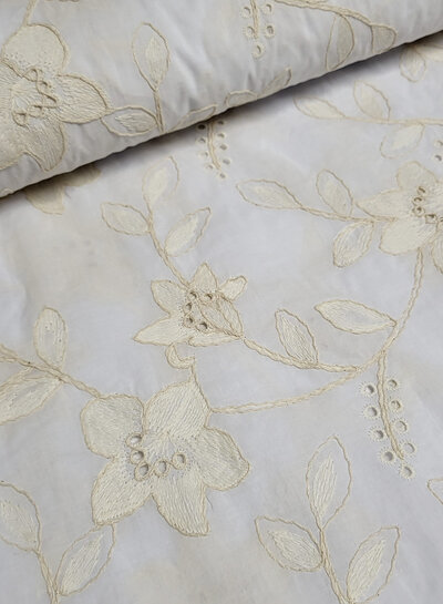 Madeline beige embroidery flowers on white cotton