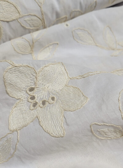 Madeline beige embroidery flowers on white cotton