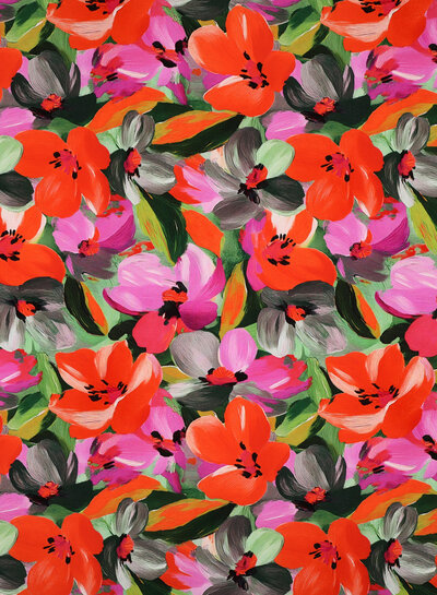 fuchsia oranje bloemen op groen - lenzing ecovero viscose