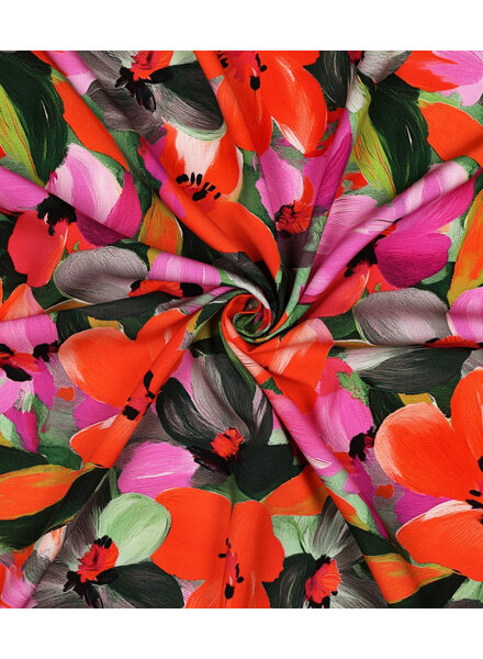 fuchsia orange flowers on green - lenzing ecovero viscose